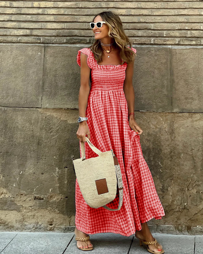 Effortless Gingham Maxi Dress for Women with Square Neck Ruffle Sleeve Smocked Tiered Bohemian Style