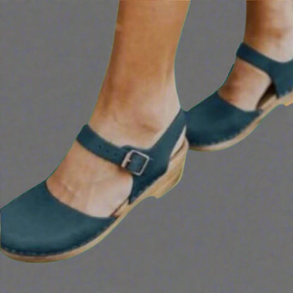 Effortless Leather Clog Sandal for Women with Buckle Strap Closed Toe Wooden Heel Casual Style