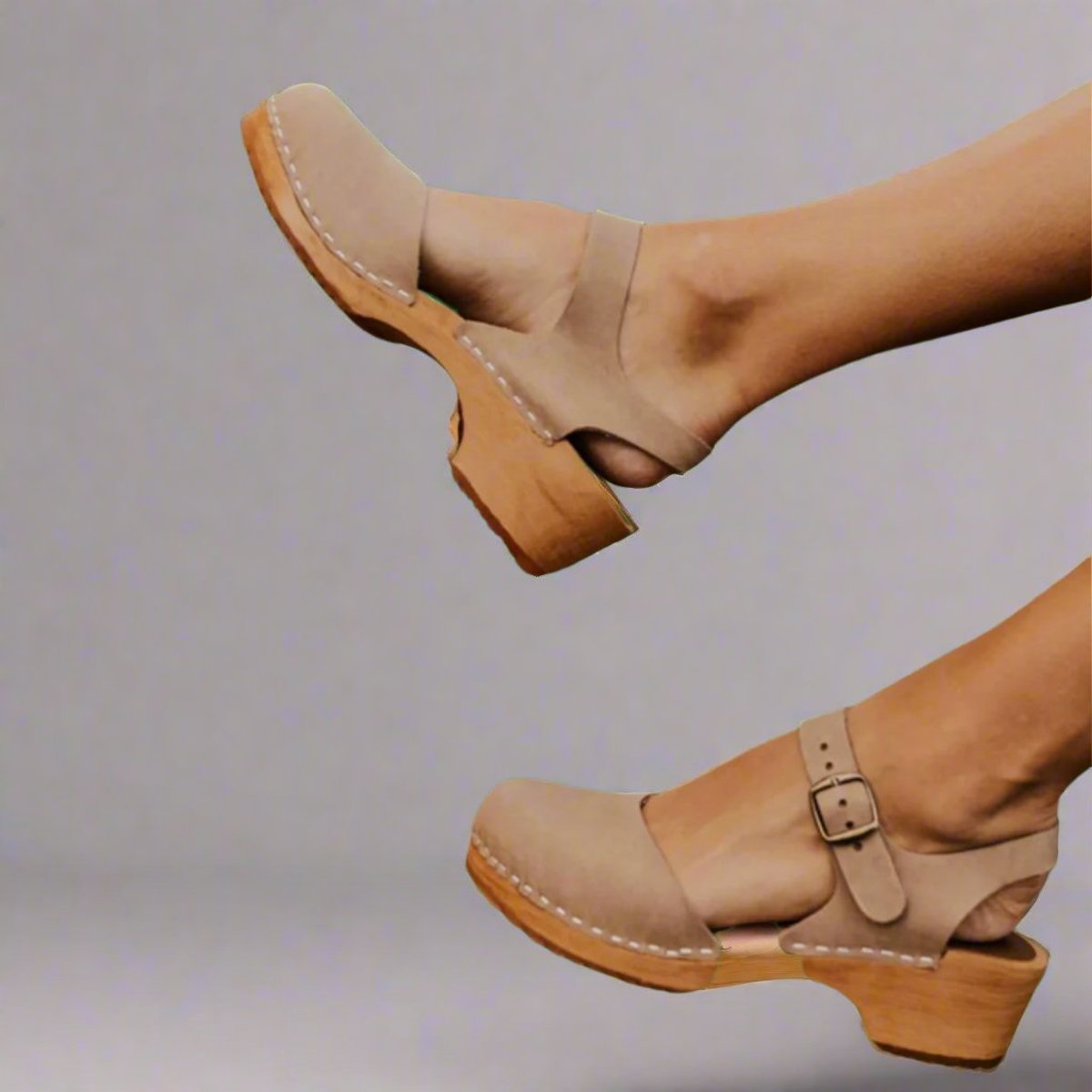 Effortless Leather Clog Sandal for Women with Buckle Strap Closed Toe Wooden Heel Casual Style