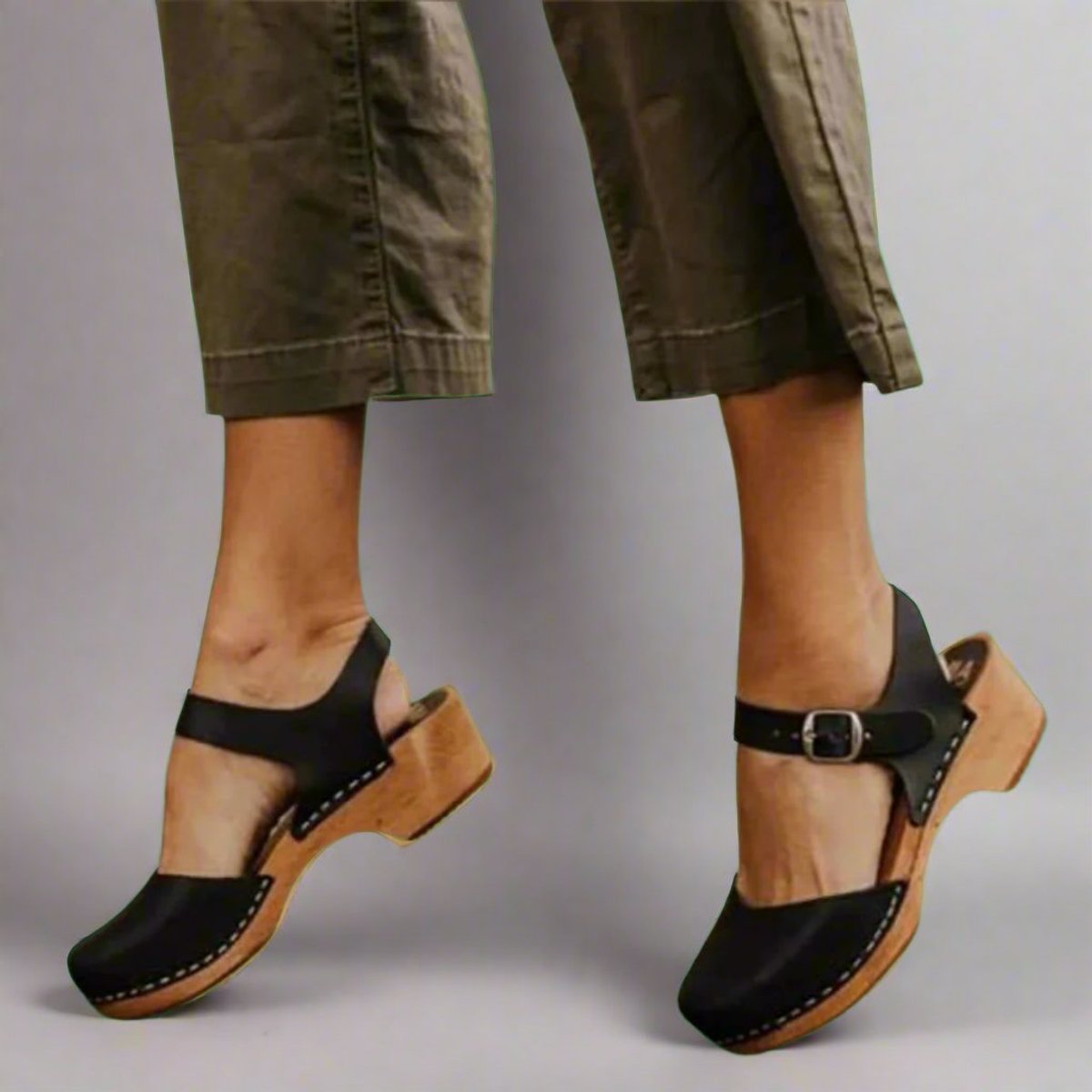 Effortless Leather Clog Sandal for Women with Buckle Strap Closed Toe Wooden Heel Casual Style