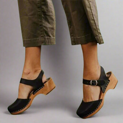 Effortless Leather Clog Sandal for Women with Buckle Strap Closed Toe Wooden Heel Casual Style