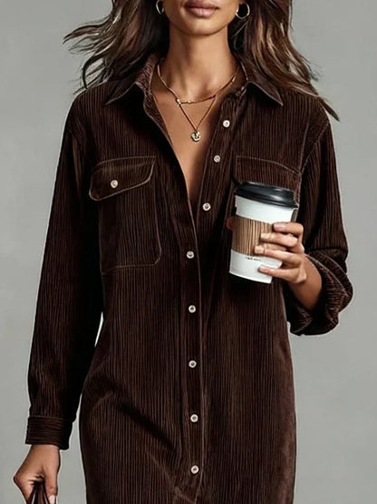 Elegant Corduroy Shirt Dress for Women with Collar Long Sleeve Button Front Side Slit Casual Style