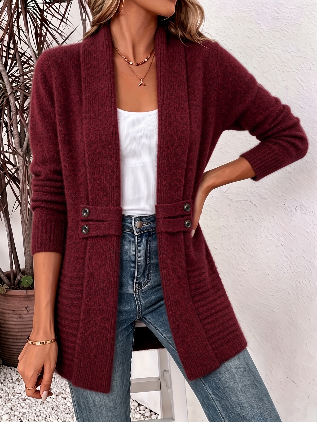 Effortless Ribbed Cardigan Sweater for Women with Shawl Collar Long Sleeve Button Tab Relaxed Style