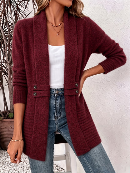 Effortless Ribbed Cardigan Sweater for Women with Shawl Collar Long Sleeve Button Tab Relaxed Style