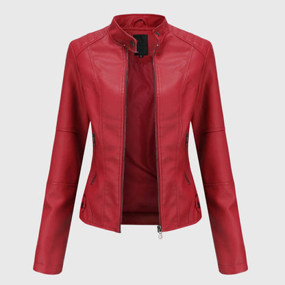 Elegant Faux Leather Moto Jacket for Women with Stand Collar Long Sleeve Zip Front Fitted Style