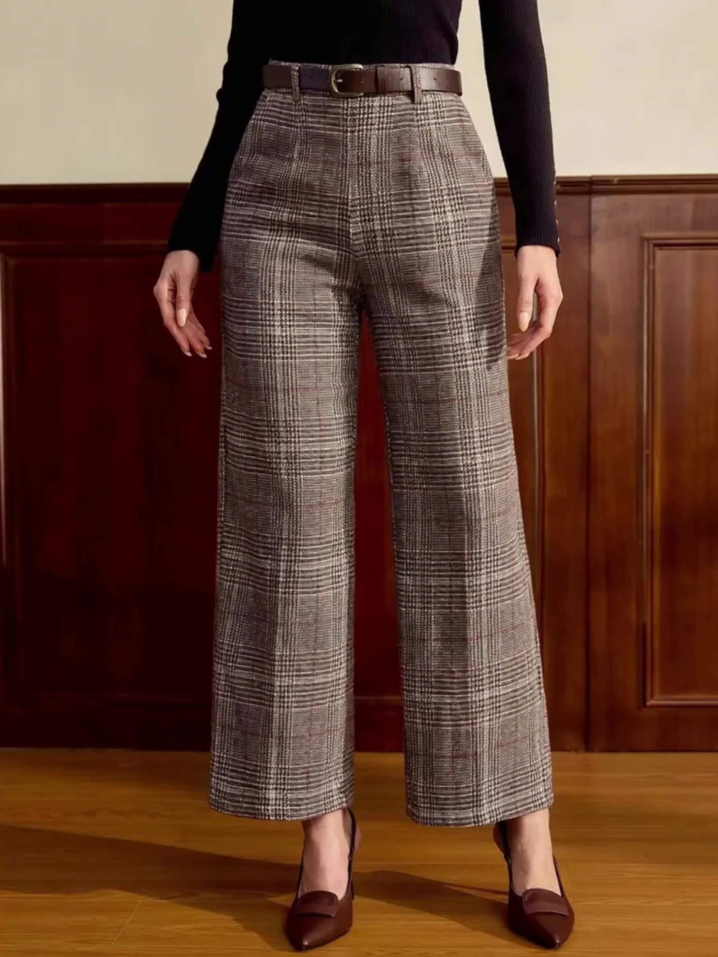Elegant Lattice Plaid Wide Leg Pants for Women with High Waist Belted Tailored Relaxed Style