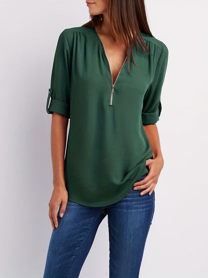 Effortless Zip Front Blouse for Women with V Neck Roll Tab Sleeve Relaxed Tunic Style