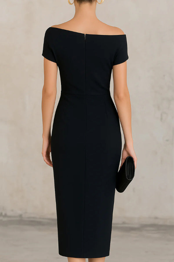 Elegant Draped Midi Dress for Women with Asymmetric Neckline Cap Sleeve Ruched Wrap Cocktail Style