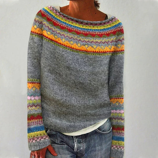 Comfortable Patterned Knit Sweater for Women with Boat Neck Long Sleeve Relaxed Oversized Style