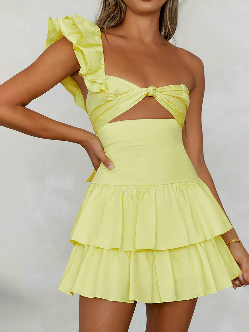 Effortless Floral Mini Dress for Women with One Shoulder Ruffle Cutout Tiered Flowing Bohemian Style