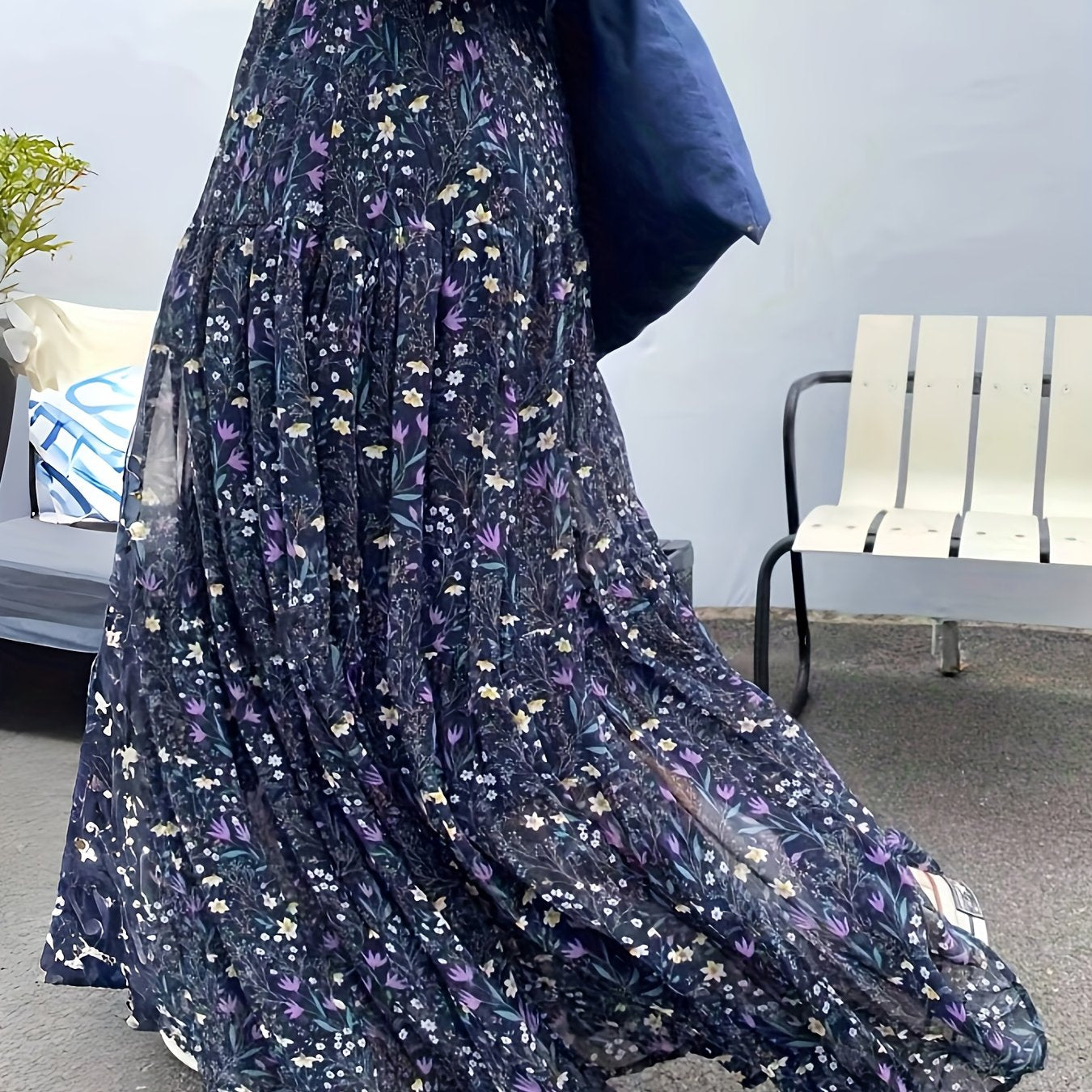 Elegant Blue Floral Maxi Skirt for Women with Smocked Waist Tiered Ruffle Flowing Bohemian Style
