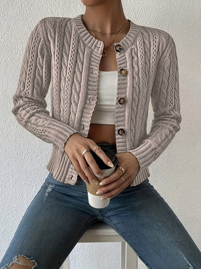 Comfortable Cable Knit Cardigan Sweater for Women with Crew Neck Long Sleeve Button Front Cropped Casual Style