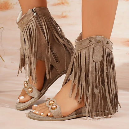 Comfortable Gladiator Sandals for Women with Long Fringe Trim Stud Detail Flat Ankle Strap Style