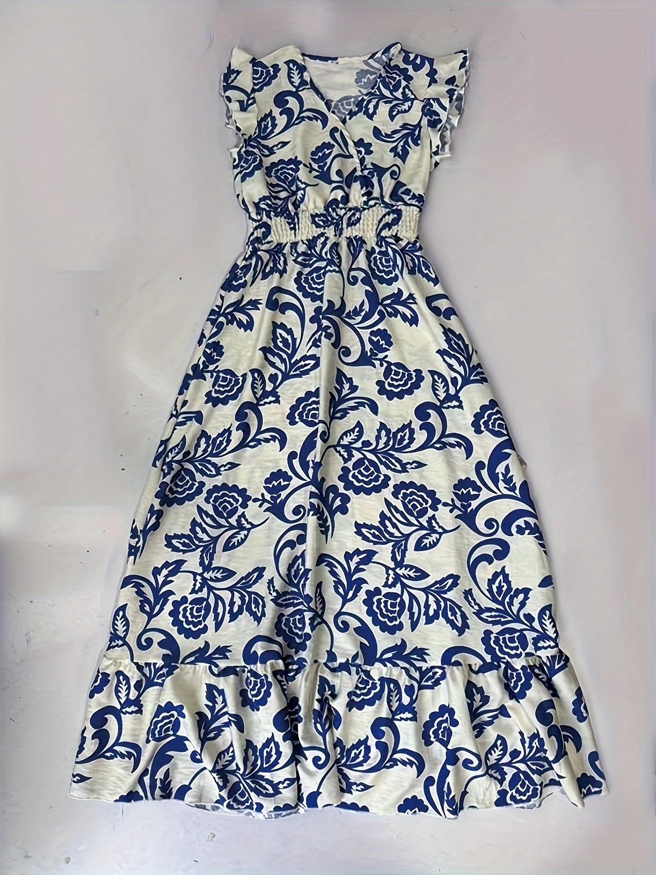 Effortless Wrap Maxi Dress for Women with V Neck Flutter Sleeve Smocked Waist Ruffle Hem Flowing Style