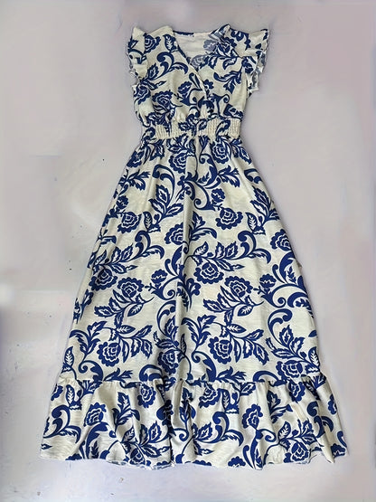 Effortless Wrap Maxi Dress for Women with V Neck Flutter Sleeve Smocked Waist Ruffle Hem Flowing Style