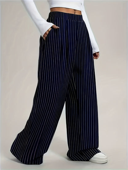 Effortless Navy Pinstripe Wide Leg Pants for Women with High Waist Pleated Relaxed Casual Style