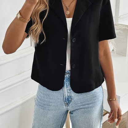 Elegant Cropped Blazer for Women with Notch Lapel Short Sleeve Button Front Relaxed Casual Style