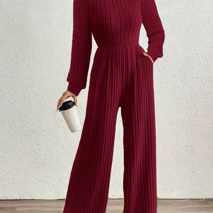 Comfortable Ribbed Knit Wide Leg Jumpsuit for Women with High Neck Long Sleeve Relaxed Pocket Style