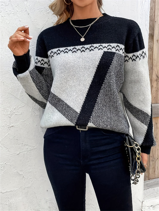 Comfortable Geometric Colorblock Sweater for Women with Crew Neck Long Sleeve Relaxed Oversized Knit Style