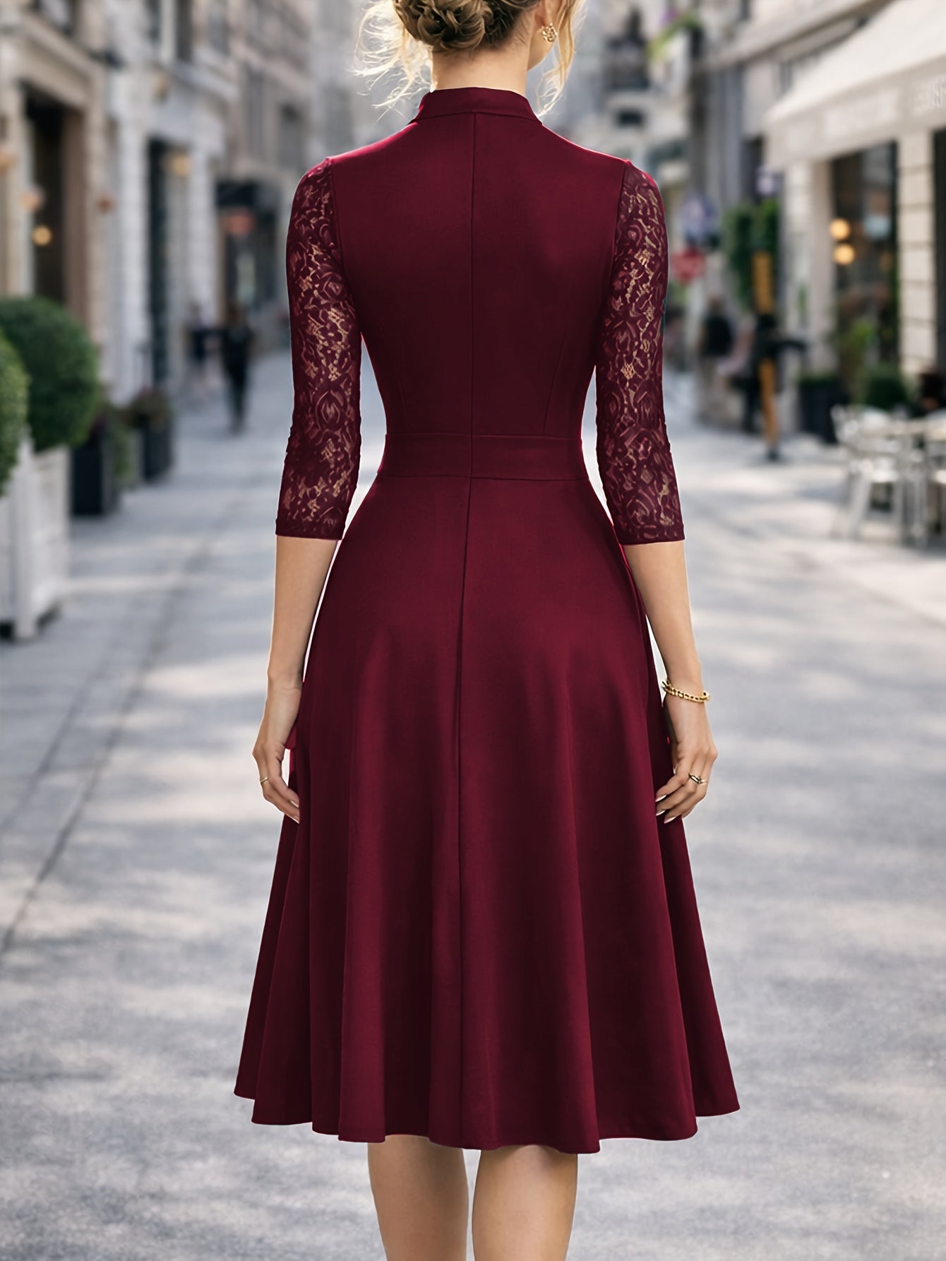 Elegant Lace Trim Midi Dress for Women with Notch Neck Three Quarter Sleeve Fit and Flare Cocktail Style