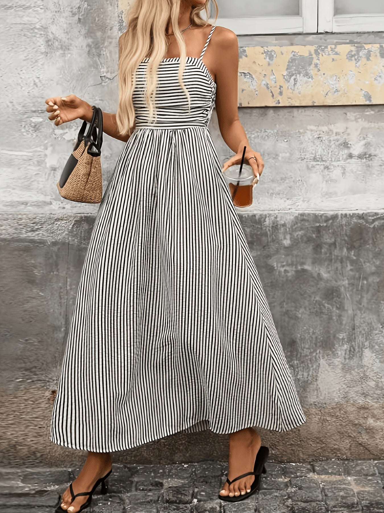 Elegant Black Striped Maxi Dress for Women with Square Neck Sleeveless Smocked High Low Style