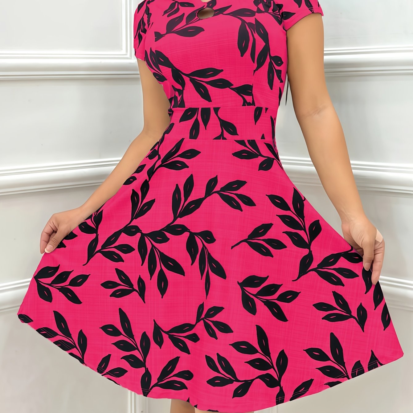 Elegant Leaf Print Fit and Flare Dress for Women with Keyhole Mock Neck Cap Sleeve Flowing Style