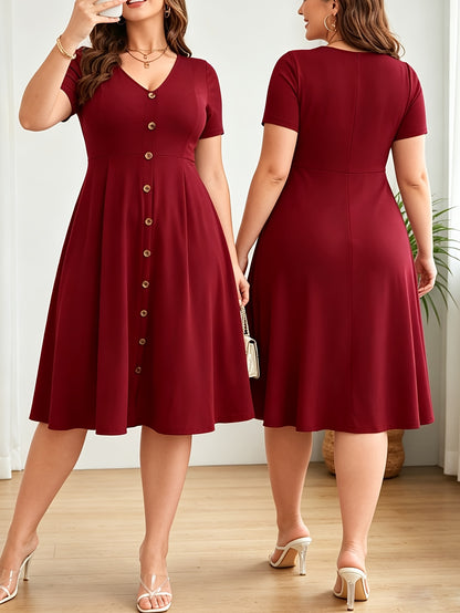 Plus Size - Plus Size - Plus Size Women'S Buttoned V-Neck Waist Dress