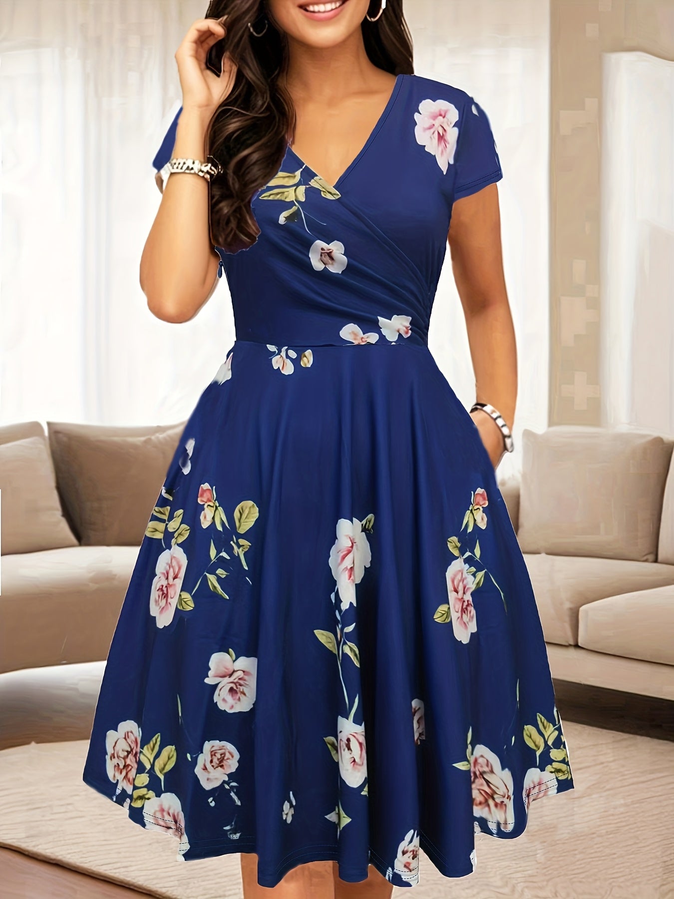 Western Foreign Trade Cross-Border Women'S V-Neck Vintage Ladies Casual Elegant Temperament Flared Knee-Length Pocket Dress
