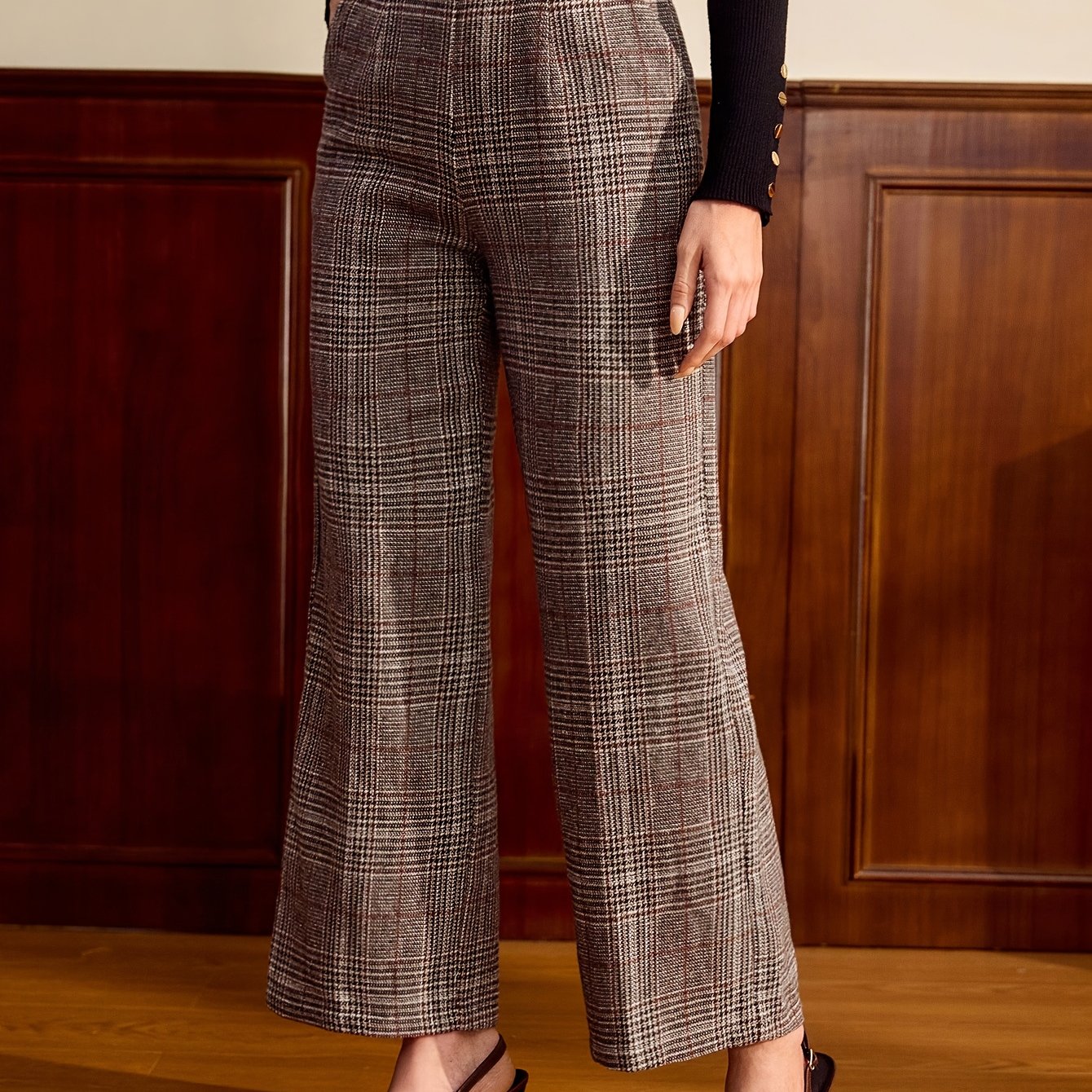 Elegant Lattice Plaid Wide Leg Pants for Women with High Waist Belted Tailored Relaxed Style
