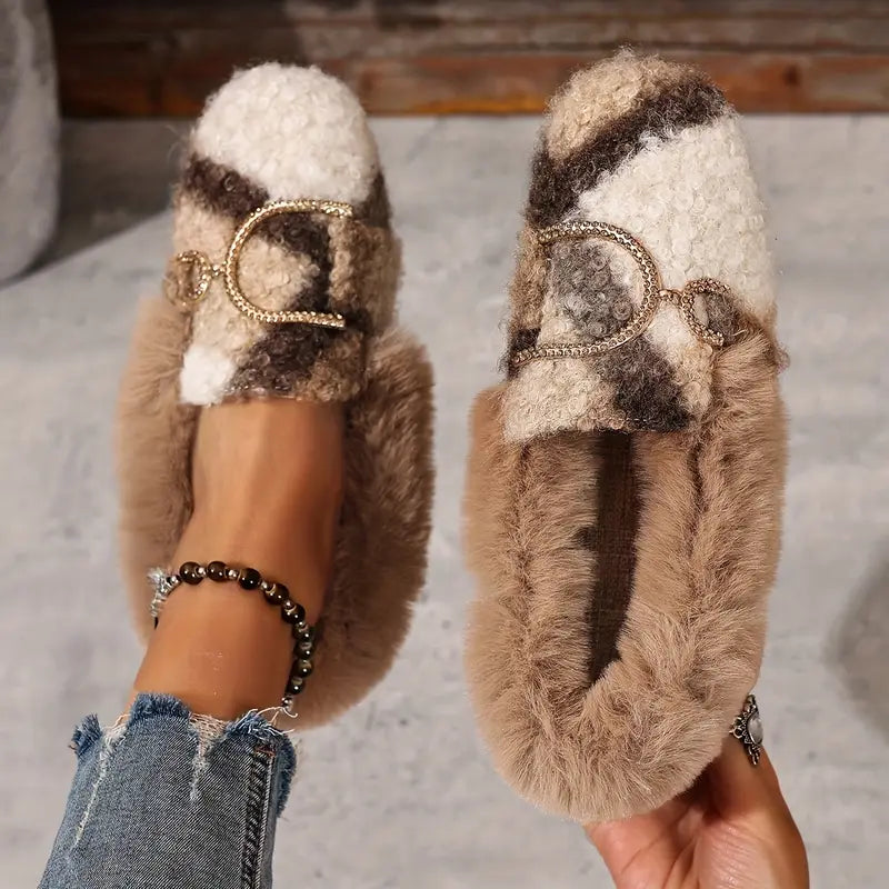 Comfortable Beige Slippers for Women with Faux Fur Bow Detail Cushioned Slip On House Shoes