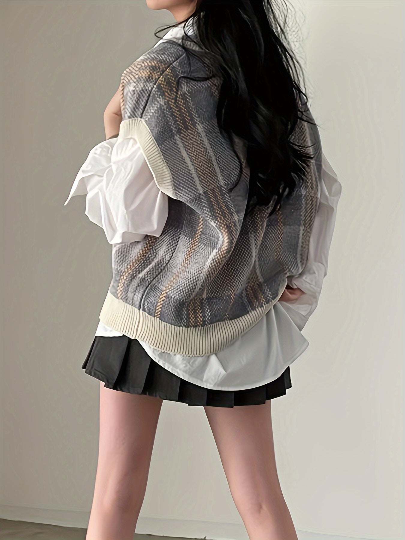 Comfortable Plaid Sweater Vest for Women with V Neck Sleeveless Ribbed Trim Oversized Knit Style