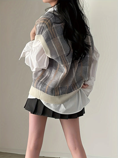 Comfortable Plaid Sweater Vest for Women with V Neck Sleeveless Ribbed Trim Oversized Knit Style