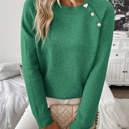 2025 Women's Off-Shoulder Button- Round Neck Pullover Long-Sleeve Casual Sweater