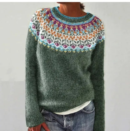 Comfortable Patterned Knit Sweater for Women with Boat Neck Long Sleeve Relaxed Oversized Style