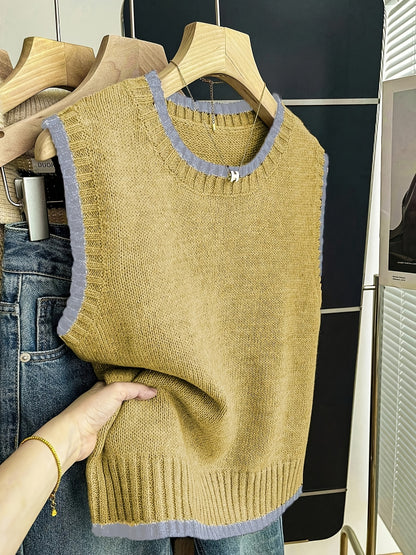 Comfortable Contrast Trim Sweater Vest for Women with Crew Neck Sleeveless Ribbed Hem Oversized Knit Style
