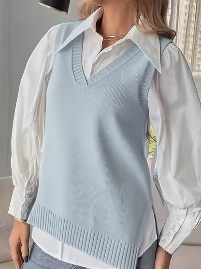 Comfortable Ribbed Knit Sweater Vest for Women with V Neck Sleeveless Relaxed Oversized Style