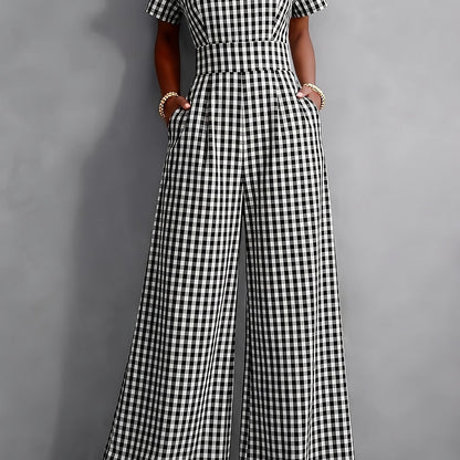 2026 Spring Summer New Plaid V-Neck Short Sleeve Jumpsuit Women'S High-Waist Wide-Leg Straight Long Pants, Women'S Commute Casual Two-Wear Jumpsuit, High-Waist Waist-Cinching Design with Flowing Wide-Leg Trousers