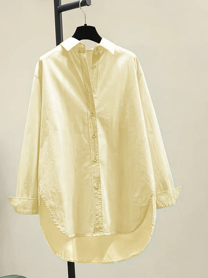 Effortless Cotton Blouse for Women with Point Collar Long Sleeve High Low Oversized Style