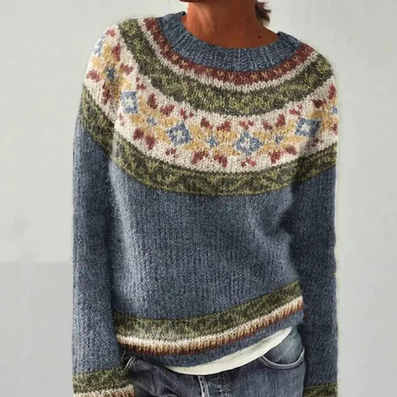 Comfortable Patterned Knit Sweater for Women with Boat Neck Long Sleeve Relaxed Oversized Style