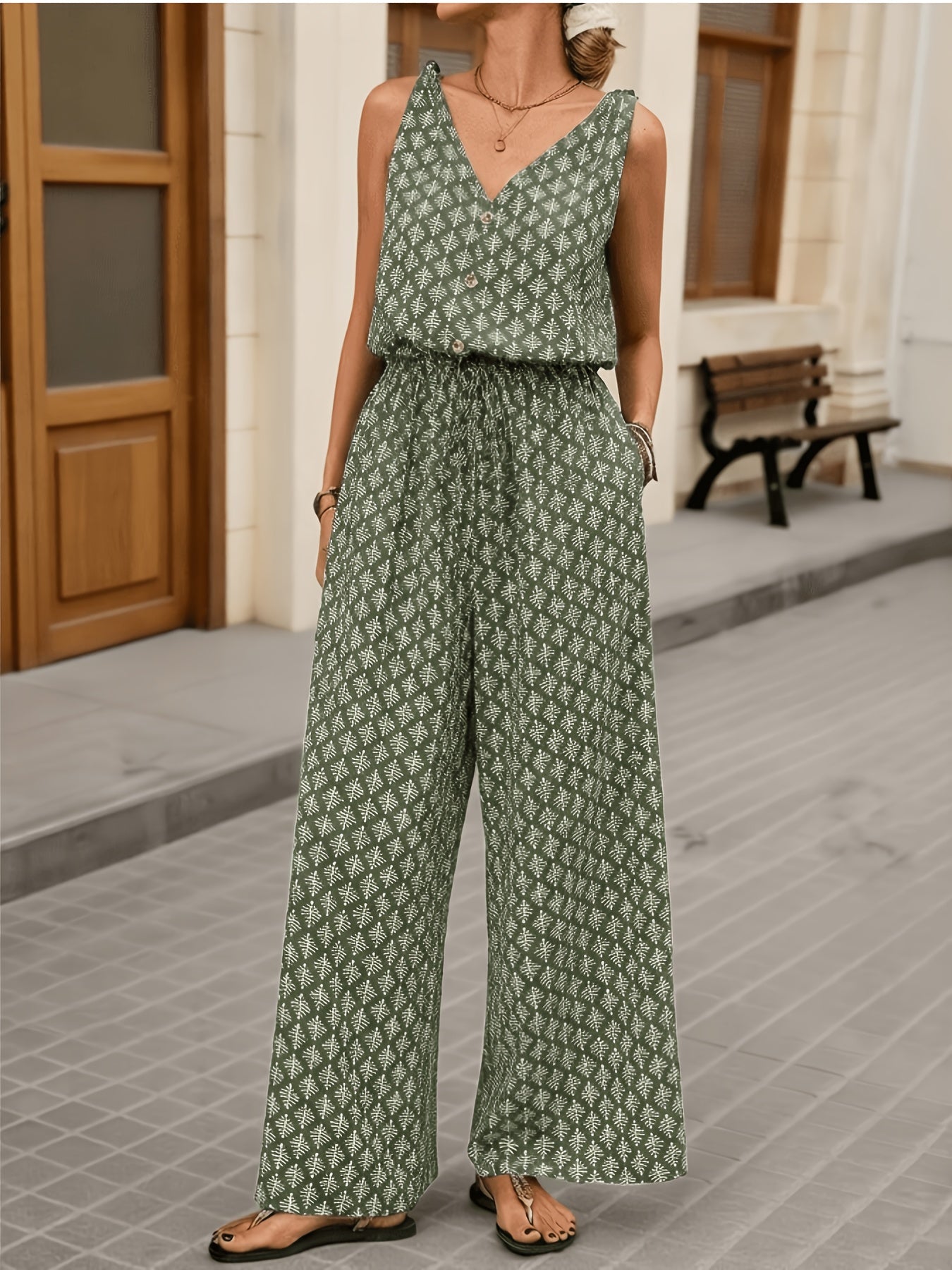 Women's Casual Wide-Leg Jumpsuit, Printed Sleeveless V-Neck Long Jumpsuit with Pockets and Buttons, Summer Jumpsuit, Women's Casual Jumpsuit, Sleeveless Jumpsuit, Women's Jumpsuit, Green, Apricot, Women's Jumpsuit
