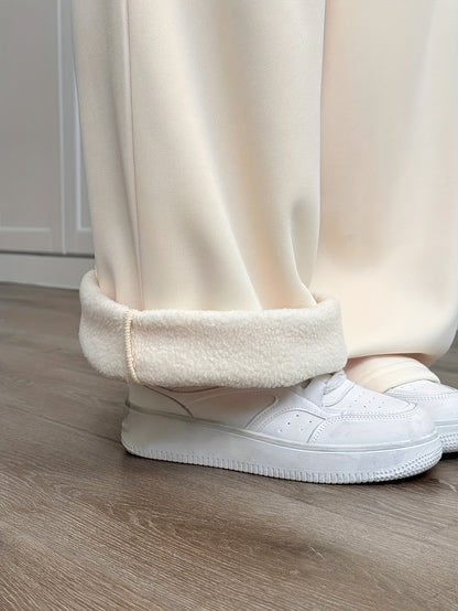Comfortable Apricot Wide Leg Pants for Women with High Waist Drawstring Fleece Lined Relaxed Casual Style