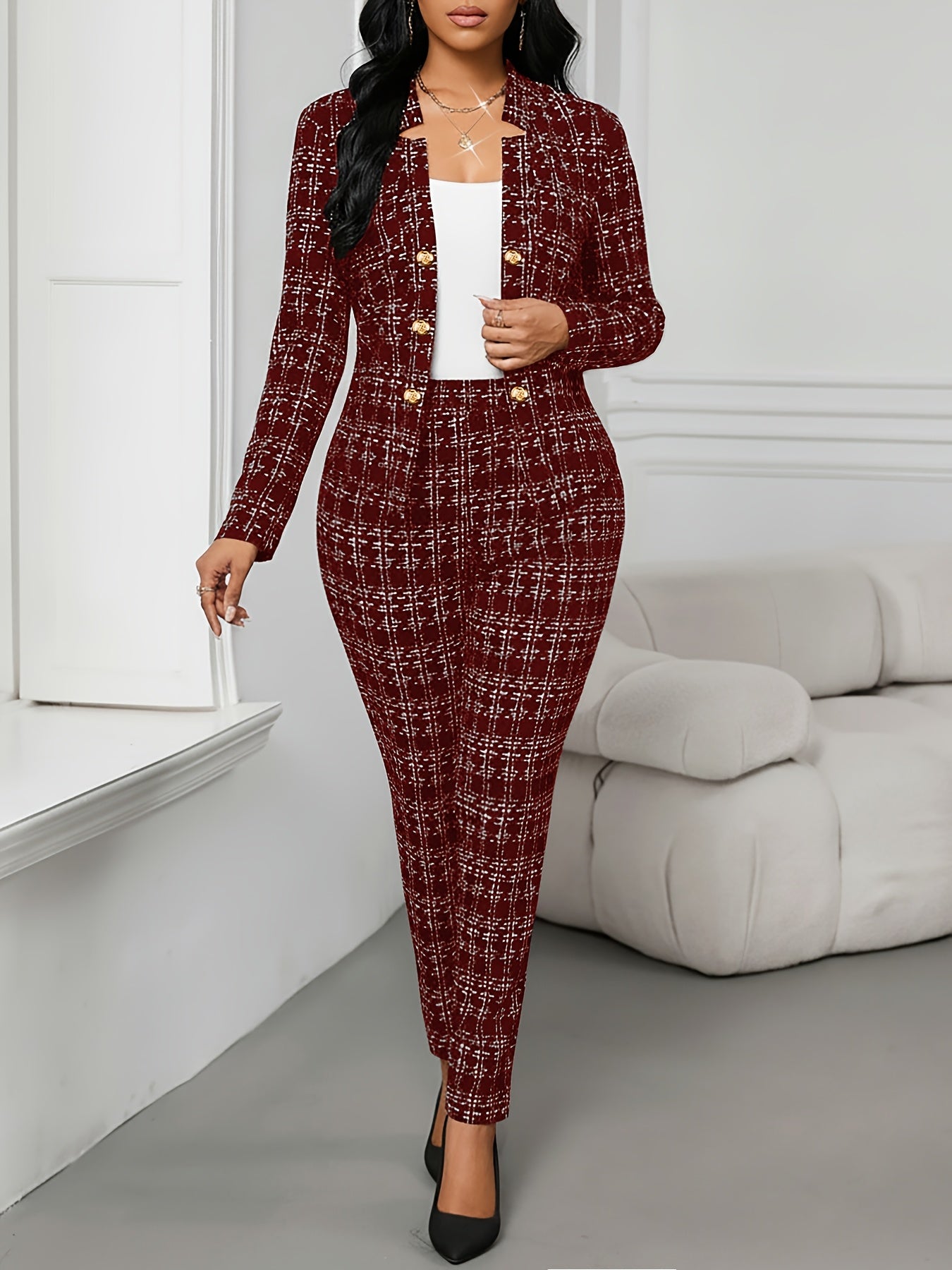 Elegant Plaid Two Piece Set for Women with Open Front Button Jacket Skinny Pant Formal Style