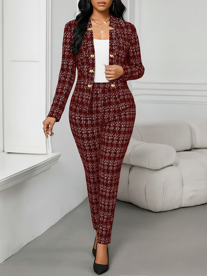 Elegant Plaid Two Piece Set for Women with Open Front Button Jacket Skinny Pant Formal Style