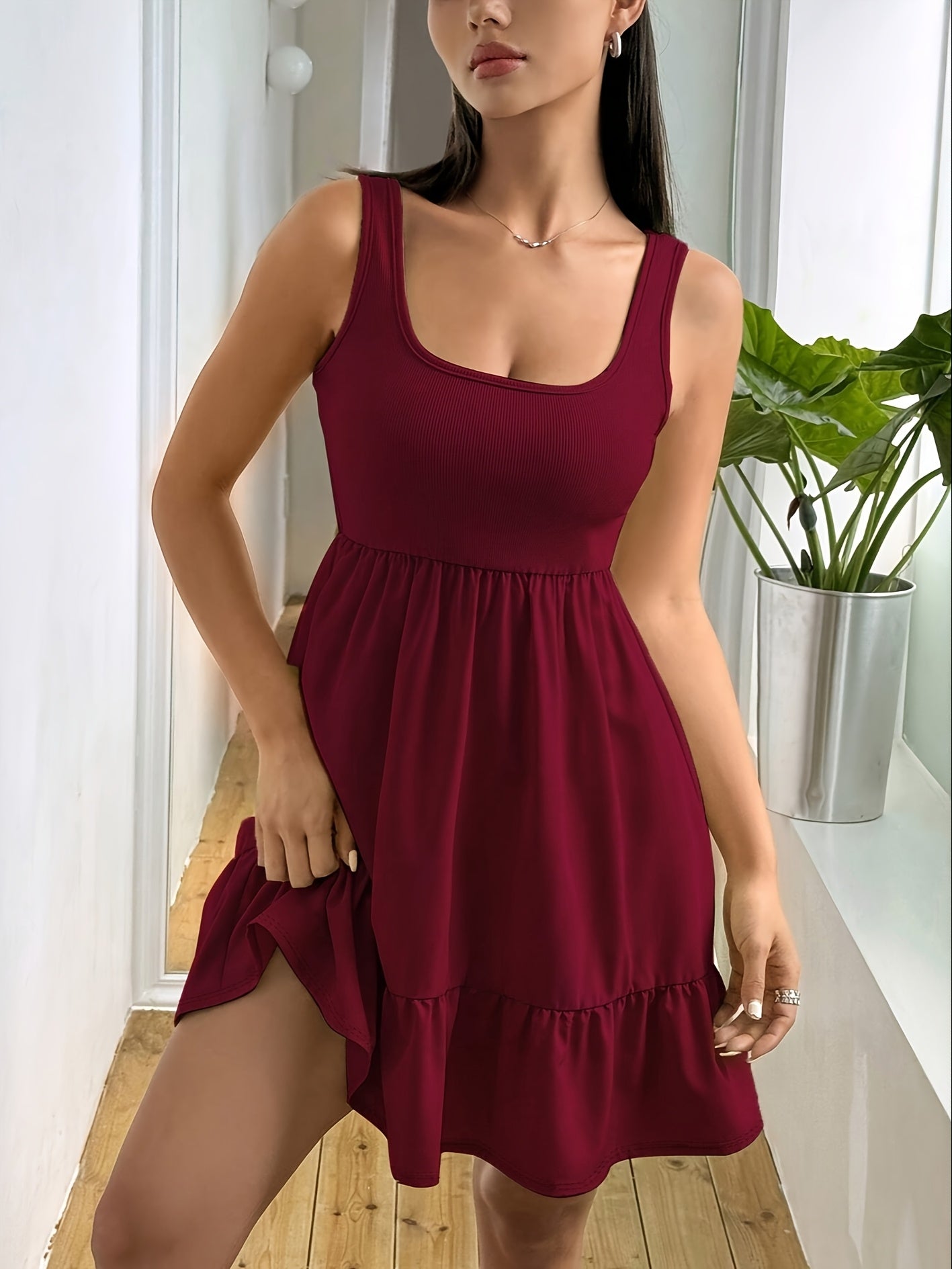 Effortless Tiered Mini Dress for Women with Square Neck Sleeveless Ruffle Hem Casual Style