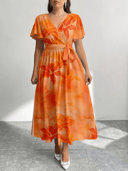 Plus Size - Plus Size - Plus Size Women'S Summer Printed Round Neck Short Sleeve Raglan Long Dress, Christmas Women'S Long Set