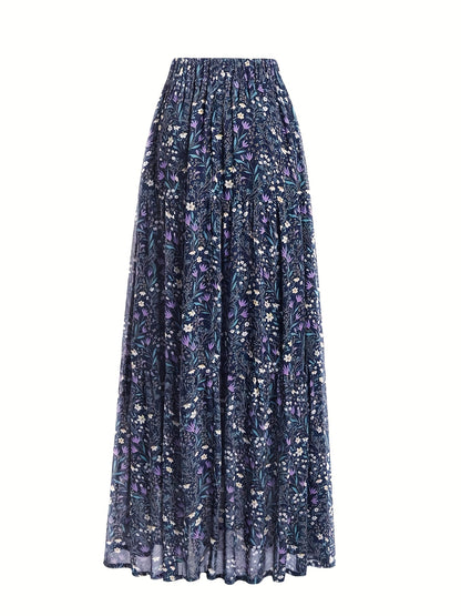 Elegant Blue Floral Maxi Skirt for Women with Smocked Waist Tiered Ruffle Flowing Bohemian Style