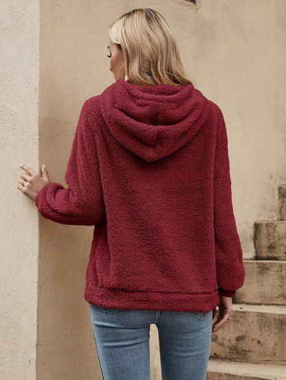Solid Color Teddy Hoodie, Casual Long Sleeve Drawstring Hooded Sweatshirt, Women'S Clothing