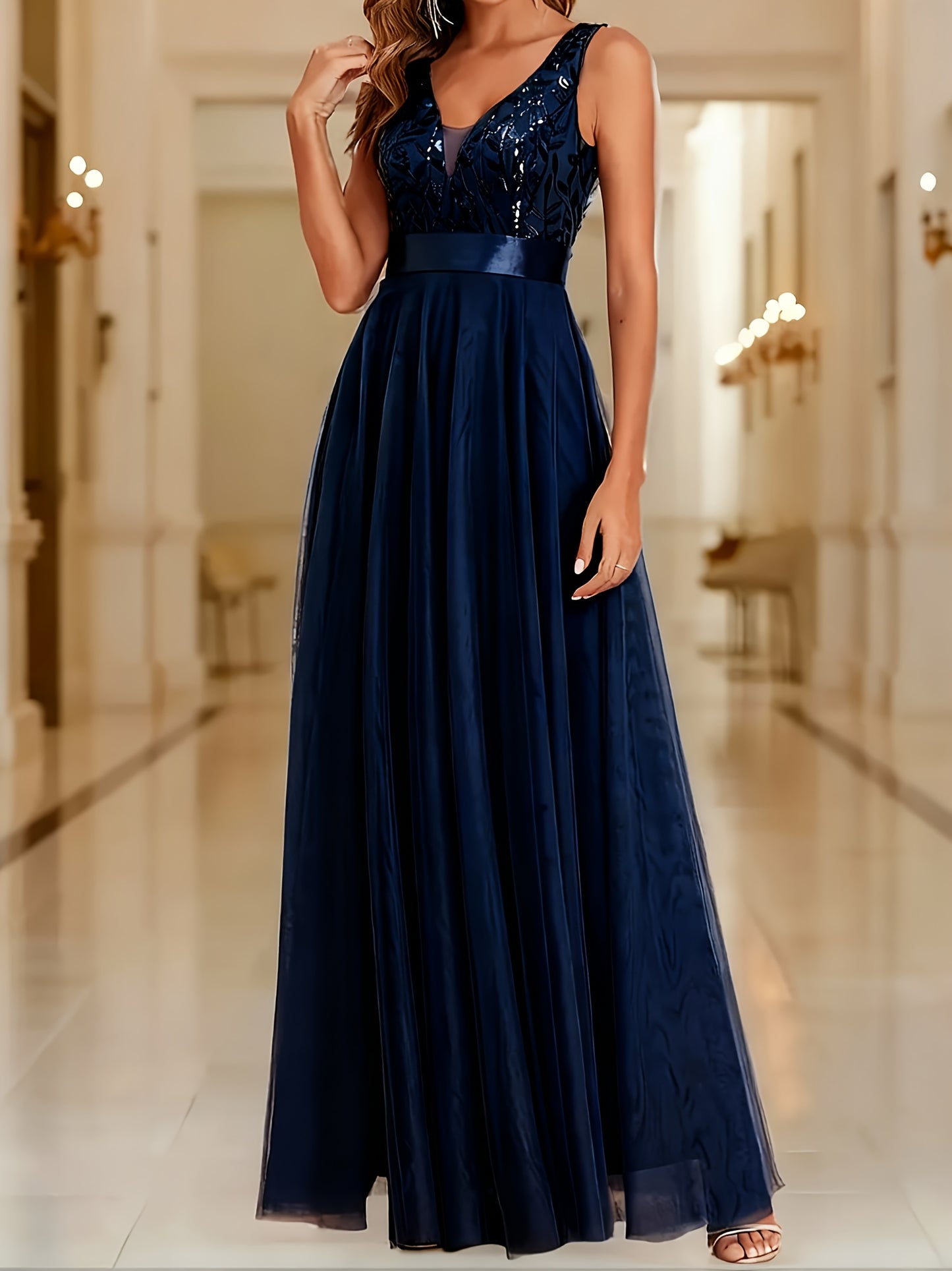 Fashionable Sexy New Women'S Sequin Mesh Patchwork A-Line Party Dress
