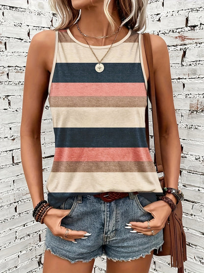 Summer Women'S Base Layer Versatile Striped Women'S Short Sleeve T-Shirt Tank Top Round Neck