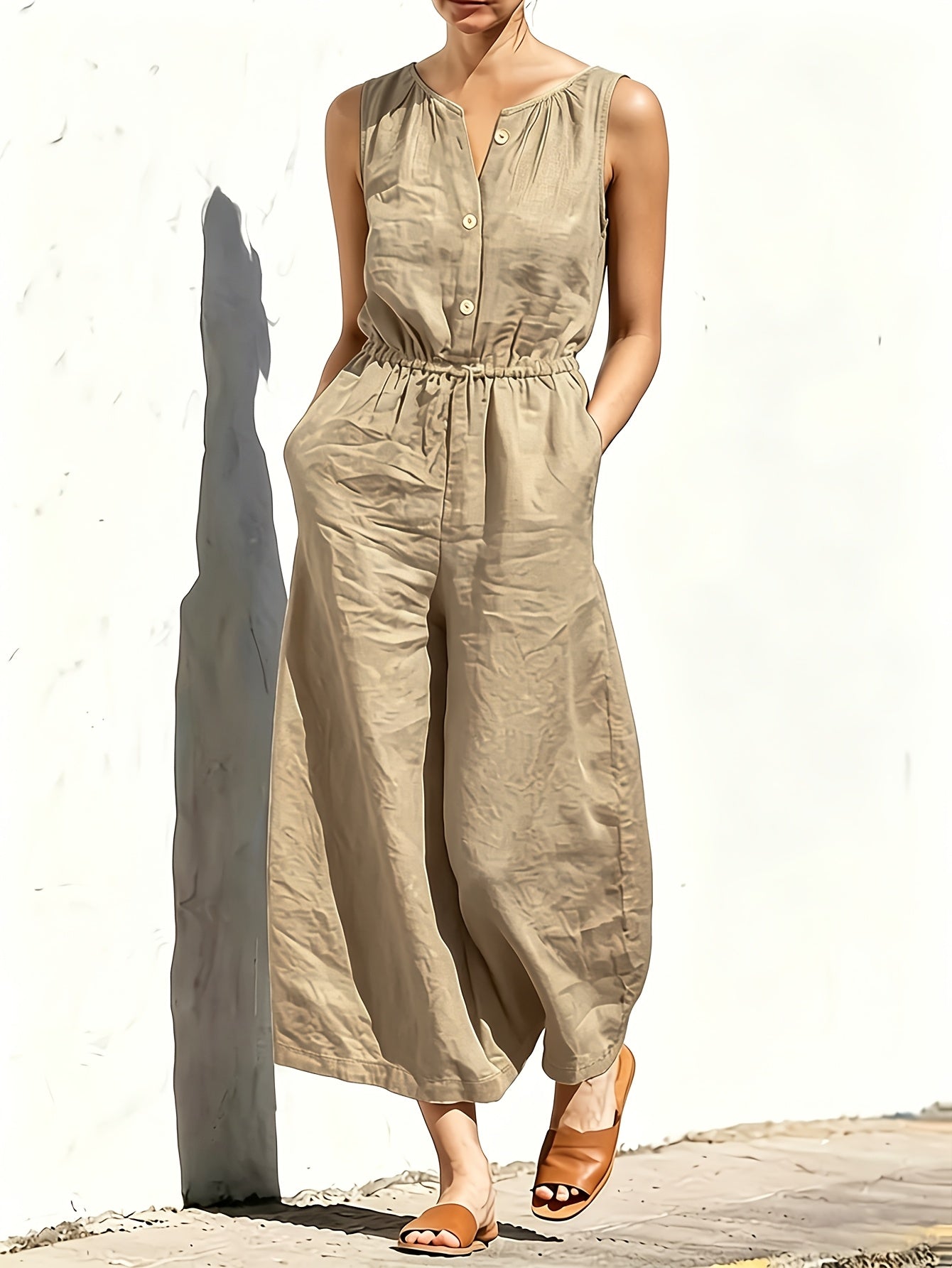 Commuting Style Navy Jumpsuit Sleeveless Button Waist Wide-Leg Casual Jumpsuit